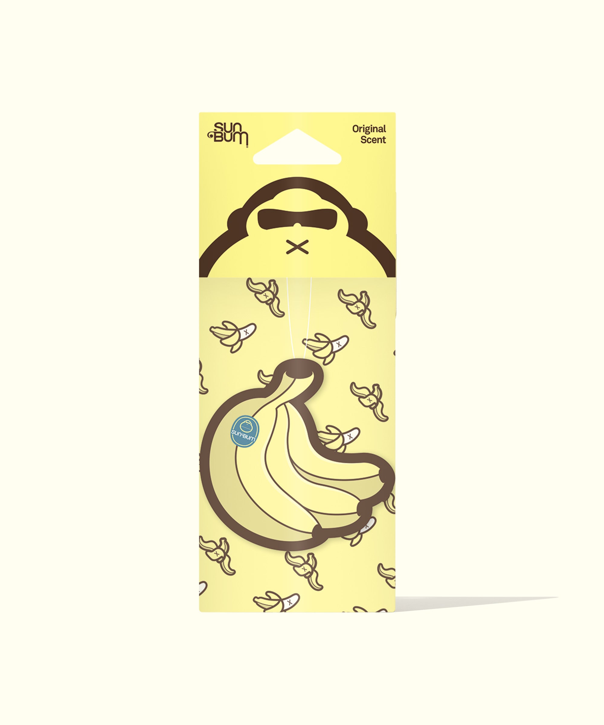 Yellow hanging air freshener featuring a playful cartoon banana design with small banana patterns, part of the Banana Air Freshener collection by Sun Bum