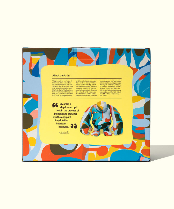 Colorful abstract vinyl cover featuring artist information and quote, showcasing vibrant geometric shapes and a psychedelic figure design. Collaborative artwork for Sun Bum's unique product line, Sun Bum