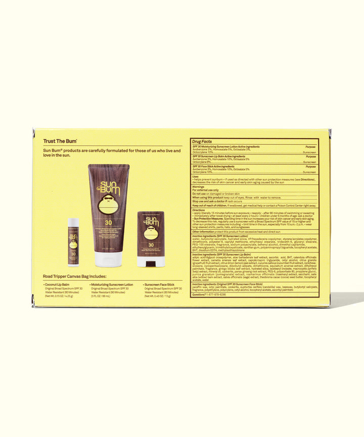 Yellow gift box containing Road Tripper travel set featuring 3 premium sun protection products displayed alongside detailed product information and ingredients list - Sun Bum