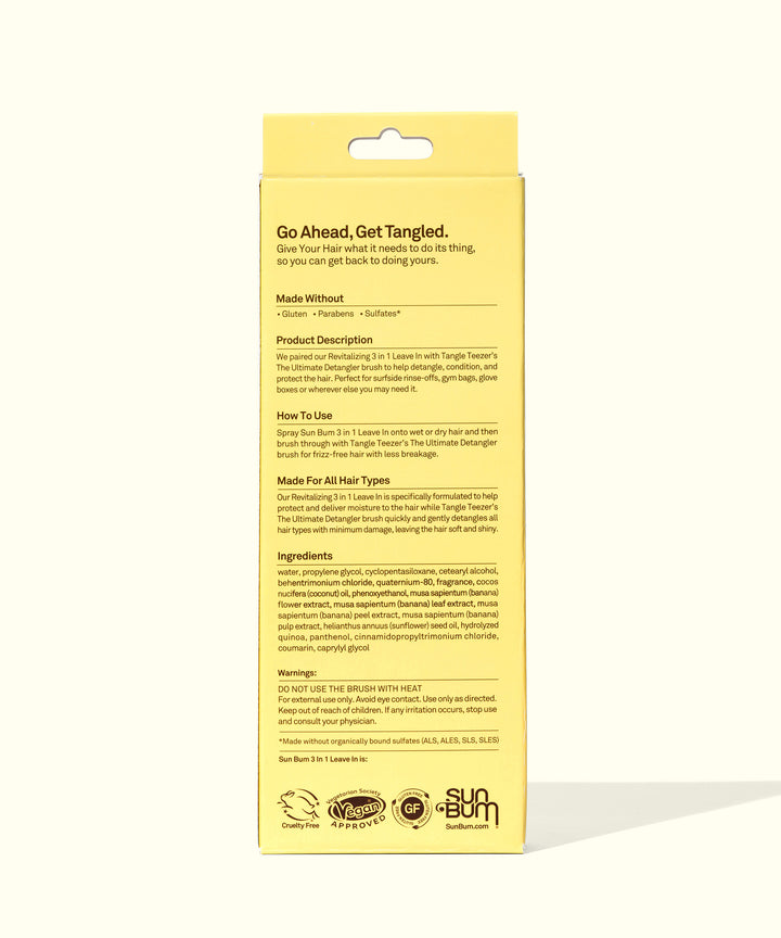 Yellow product box for Sun Bum x Tangle Teezer detangling duo, displaying product description, ingredients, and usage instructions. Features 